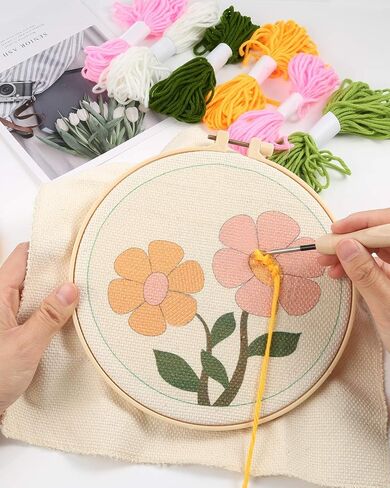 Pllieay Punch Needle Embroidery Starter Kits for Kids and Adults Beginners, Include Instructions, Punch Needle Fabric with Floral Pattern, Yarns, Embroidery Hoops and Threader Tools in Saudi Arabia