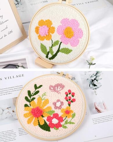 Pllieay Punch Needle Embroidery Starter Kits for Kids and Adults Beginners, Include Instructions, Punch Needle Fabric with Floral Pattern, Yarns, Embroidery Hoops and Threader Tools in Saudi Arabia