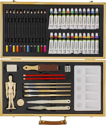 U.S. Art Supply 50-Piece Complete Artist Painting and Drawing Set in Wood Storage Case - 24 Acrylic Paint Colors, 4 Brushes, 12 Colored & 2 Graphite Pencils, Painting Palette, Manikin - Kids, Students in Saudi Arabia