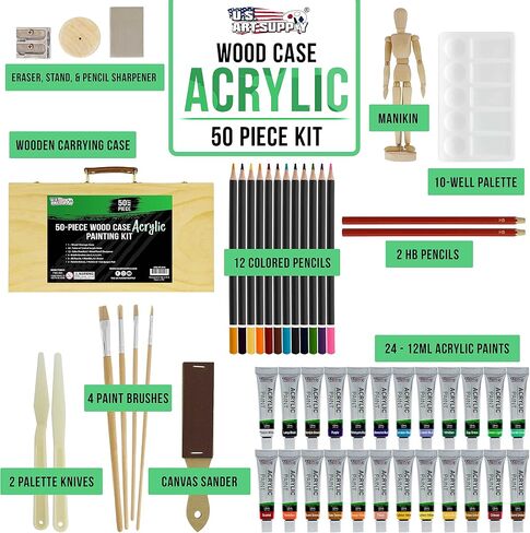 U.S. Art Supply 50-Piece Complete Artist Painting and Drawing Set in Wood Storage Case - 24 Acrylic Paint Colors, 4 Brushes, 12 Colored & 2 Graphite Pencils, Painting Palette, Manikin - Kids, Students in Saudi Arabia