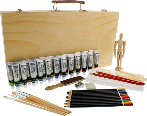 U.S. Art Supply 50-Piece Complete Artist Painting and Drawing Set in Wood Storage Case - 24 Acrylic Paint Colors, 4 Brushes, 12 Colored & 2 Graphite Pencils, Painting Palette, Manikin - Kids, Students in Saudi Arabia