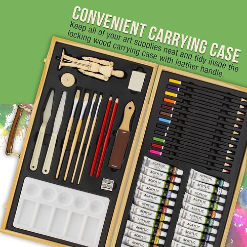 U.S. Art Supply 50-Piece Complete Artist Painting and Drawing Set in Wood Storage Case - 24 Acrylic Paint Colors, 4 Brushes, 12 Colored & 2 Graphite Pencils, Painting Palette, Manikin - Kids, Students in Saudi Arabia