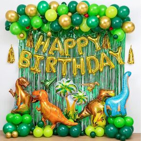 LFVIK Dinosaur Birthday Party Decorations&Balloons Arch Garland Kit(Gold,Green),Dinosaurs Balloons,HAPPY BIRTHDAY Balloons,Curtains,for Dino Themed Kid's Party,Shower,Celebration. in Kuwait