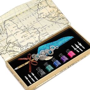 NC Feather Quill Pen Set - Includes 5 Ink Bottles, 6 Nibs, Mechanical Quill Pen for Calligraphy, Writing Letters, Signing, Invitations Etc (Grey) in Kuwait