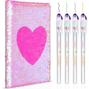 مجموعة دفاتر الملاحظات Outus Sequin مع 4 قطع من أقلام حبر جل ملونة، مجموعة مذكرات يومية قابلة للعكس ومجلة كتابة يوميات للمراهقين في عيد الحب للفتيات الصغيرات (أزرق وردي)