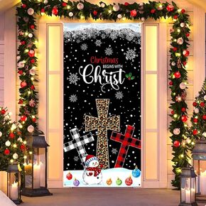Christmas Cross Door Cover Nativity Cross Religious Winter Front Door Decorations Banner Christmas Begins with Christ Snowman Snowflakes Porch Sign Backdrop Background for Xmas Holiday Party Supplies in Saudi Arabia