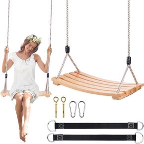 Wooden Tree Swing,Wooden Swing for Adults/Kids with 500lbs Load Capacity,Adjustable Hemp Rope Plus Tree Straps 100 inch, Hanging Wooden Swing for Indoor, Outdoor, Garden,Yard,Backyard (Adult)