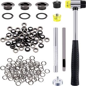 Rustark 200 Sets 1/4 Inch Black Grommet Assortment Kit with 4 Pcs Setting Install Tool, 6mm Metal Eyelets Set in Storage Box for Clothes Shoes Bag Paper Leather Crafts DIY Projects (Black)