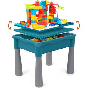 Double-Sided Kids Activity Table with Storage, 105pcs Large Marble Run Building Blocks Table, 5-in-1 Multi Activity Play Sand Water Eating Table for Kids Toddler Boys Girls Ages 1 2 3 Year Old