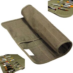 22 slots Paint Brush Case Canvas Paint Brush Holder, Roll Up Storage Bag Holder Canvas Wrap for Acrylic Watercolor Oil Face Brush - Army Green in Saudi Arabia