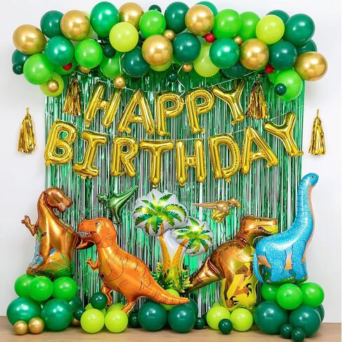 LFVIK Dinosaur Birthday Party Decorations&Balloons Arch Garland Kit(Gold,Green),Dinosaurs Balloons,HAPPY BIRTHDAY Balloons,Curtains,for Dino Themed Kid's Party,Shower,Celebration. in Kuwait