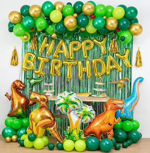 LFVIK Dinosaur Birthday Party Decorations&Balloons Arch Garland Kit(Gold,Green),Dinosaurs Balloons,HAPPY BIRTHDAY Balloons,Curtains,for Dino Themed Kid's Party,Shower,Celebration. in Kuwait