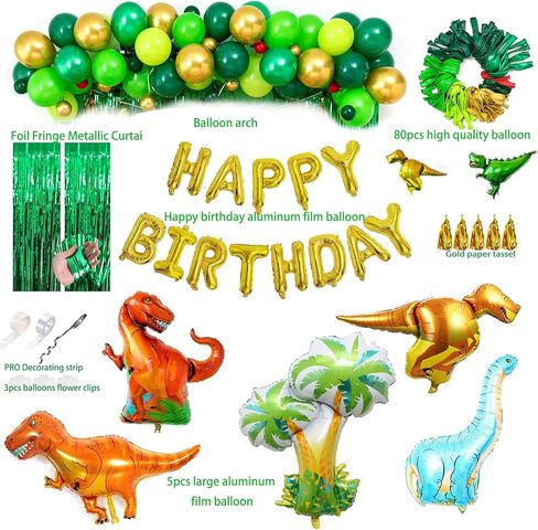 LFVIK Dinosaur Birthday Party Decorations&Balloons Arch Garland Kit(Gold,Green),Dinosaurs Balloons,HAPPY BIRTHDAY Balloons,Curtains,for Dino Themed Kid's Party,Shower,Celebration. in Kuwait