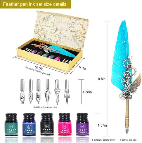 NC Feather Quill Pen Set - Includes 5 Ink Bottles, 6 Nibs, Mechanical Quill Pen for Calligraphy, Writing Letters, Signing, Invitations Etc (Grey) in Kuwait