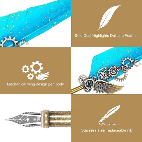 NC Feather Quill Pen Set - Includes 5 Ink Bottles, 6 Nibs, Mechanical Quill Pen for Calligraphy, Writing Letters, Signing, Invitations Etc (Grey) in Kuwait