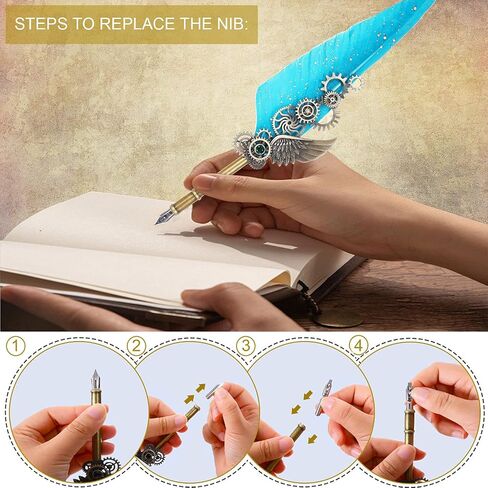 NC Feather Quill Pen Set - Includes 5 Ink Bottles, 6 Nibs, Mechanical Quill Pen for Calligraphy, Writing Letters, Signing, Invitations Etc (Grey) in Kuwait