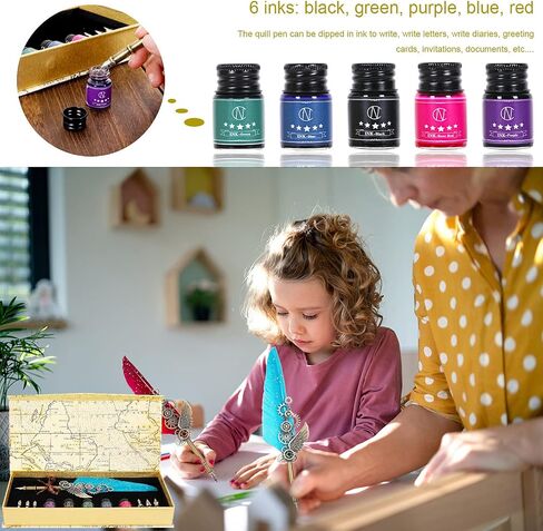 NC Feather Quill Pen Set - Includes 5 Ink Bottles, 6 Nibs, Mechanical Quill Pen for Calligraphy, Writing Letters, Signing, Invitations Etc (Grey) in Kuwait