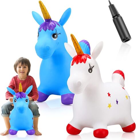2 Pcs Bouncy Unicorn Horse Hopper with Pump Inflatable Hopping Horse Jumping Horse Bouncing Hopper Animal Bouncy Hopper Hopper Bouncer for Indoor Outdoor Boys Girls, Blue and White in Saudi Arabia