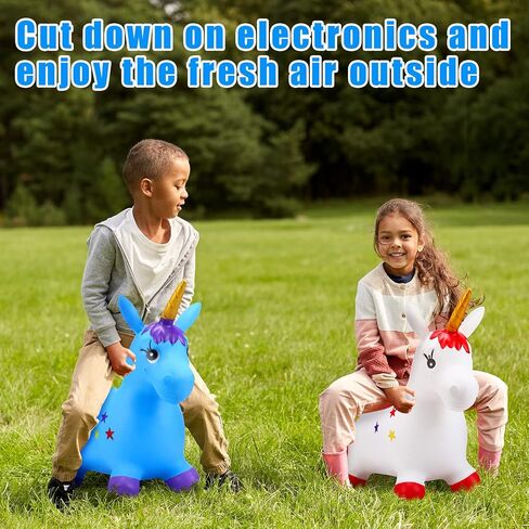 2 Pcs Bouncy Unicorn Horse Hopper with Pump Inflatable Hopping Horse Jumping Horse Bouncing Hopper Animal Bouncy Hopper Hopper Bouncer for Indoor Outdoor Boys Girls, Blue and White in Saudi Arabia
