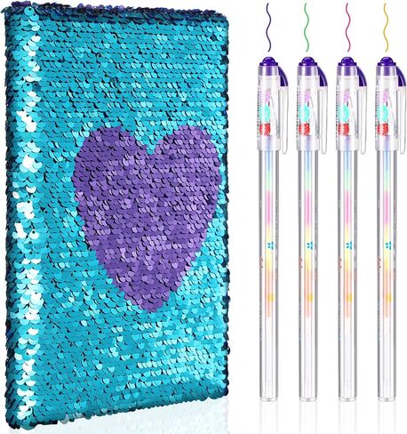 مجموعة دفاتر الملاحظات Outus Sequin مع 4 قطع من أقلام حبر جل ملونة، مجموعة مذكرات يومية قابلة للعكس ومجلة كتابة يوميات للمراهقين في عيد الحب للفتيات الصغيرات (أزرق وردي) in Kuwait