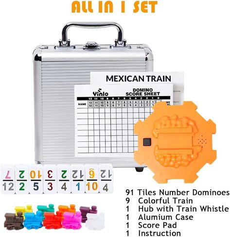 Yinlo Mexican Train Dominoes Set with Sound Effects, Mexican Train Dominoes Game for Travel, 91 Tiles Double12 Colored Dominoes Game Set with Aluminum Case in Kuwait