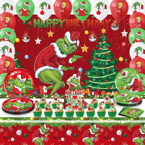 زينة حفلات عيد الميلاد المجيد، لوازم أعياد الميلاد للحفلات التي تحمل عنوان عيد الميلاد، تتضمن خلفية عيد ميلاد سعيد، وغطاء للكعك، وبالونات لاتكس، ومفارش المائدة، والأطباق، والمناديل، وأغطية الكب كيك in Kuwait