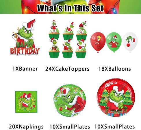 زينة حفلات عيد الميلاد المجيد، لوازم أعياد الميلاد للحفلات التي تحمل عنوان عيد الميلاد، تتضمن خلفية عيد ميلاد سعيد، وغطاء للكعك، وبالونات لاتكس، ومفارش المائدة، والأطباق، والمناديل، وأغطية الكب كيك in Kuwait