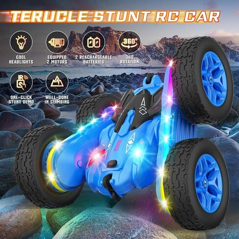 Terucle Remote Control Car, Rc Cars Stunt Toys New Upgraded Strip Lights and Headlights Toys Double-Sided 360° Rotating 4WD Drift Truck for Boys Girls Birthday Gift (Blue) in Kuwait