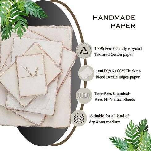 LEATHER VILLAGE Watercolor Paper- 6 X 4 inches - 25 Sheets Watercolor Paper for Drawing, Sketching, Wedding Cards & Crafts - 150 GSM Thick Deckle Edge Virgin Cotton Handmade Paper - Vintage in Kuwait