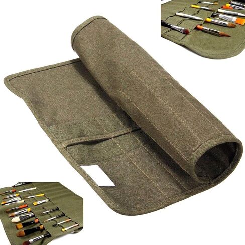 22 slots Paint Brush Case Canvas Paint Brush Holder, Roll Up Storage Bag Holder Canvas Wrap for Acrylic Watercolor Oil Face Brush - Army Green in Saudi Arabia