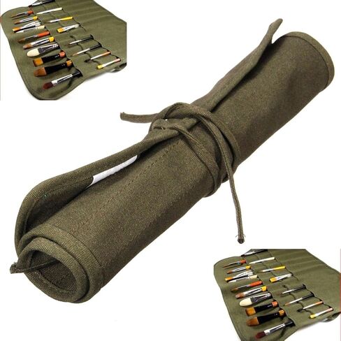 22 slots Paint Brush Case Canvas Paint Brush Holder, Roll Up Storage Bag Holder Canvas Wrap for Acrylic Watercolor Oil Face Brush - Army Green in Saudi Arabia