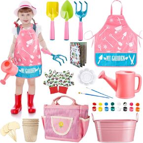 Kids Gardening Tools Set, Kids Gardening Plant and Paint Arts Crafts Set Gifts for Kids Aged 5-12, Wooden Garden Tools with Apron, Watering Can, Gloves & Painting Accessories, Easter Gifts for Girls