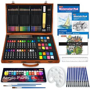 Shuttle Art Deluxe Gift Art Kit, 202-Piece Wooden Art Supplies Set with 4 Drawing Pads, Canvases, Coloring Sheets, Acrylic Paint, Crayons, Oil Pastels, Colored Pencils for Kids