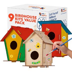 Birdhouse Kit - 15 Unfinished Wood Bird Houses for Children to Paint - Wood Craft Project Kits for Kids - Wooden Arts & Craft for Girls & Boys