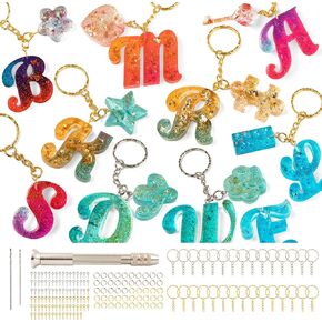Mocoosy 182Pcs Reversed Silicone Alphabet Resin Molds Kit, Fancy Letter & Ornament Molds Epoxy Resin Casting Keychain Making Set with 1 Hand Drill 2 Drill Bits 30 Key Rings 100 Screw Pins