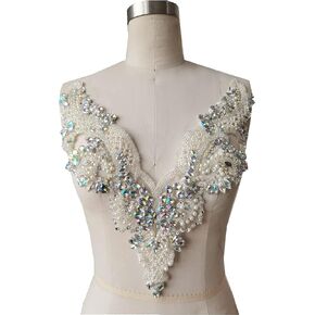 Handmade Rhinestones lace Applique sew on Beads Trim Patches Accessories for Dress Clothing Neckline (Deepgreen) in Kuwait