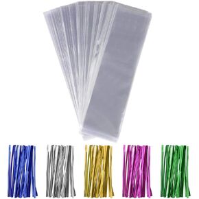 Tecbeauty 600pcs Cello Bags Kit, 300pcs 2.4"x10" Long Treat Cellophane Bags Clear Bag, 300pcs Colored Ties