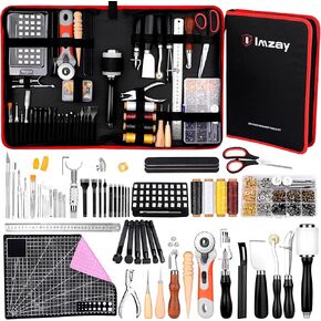 243Pcs Leather Working Tools and Supplies with Instruction, Leather Stamping Tools, Snaps and Fasteners Kit, Waxed Thread Cord, Cutting Mat, Leather Tooling Starter Kit for DIY Leather Craft