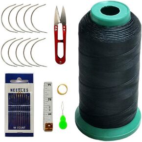 Esffaci 40PCS Hair Weave Needle and Thread Set Black Hair Weft Sewing Thread and Wig T Pins C Curved Needles Kit for Wig Making Blocking Knitting Modelling and Crafts,with Needle Threader and Thimble