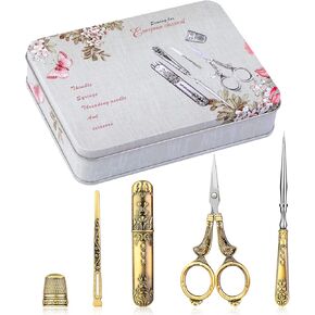 BUTUZE Antique Scissors Kit, Embroidery Sewing Kit, European Vintage Scissors Kit, Complete Vintage Sewing Tools kit, Original Case, Sewing Needle Case, Awl for Sewing, Threader, Craft, Needlework