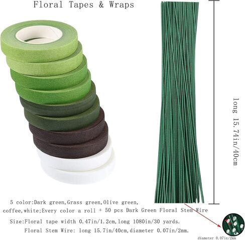 Arlai Pack of 50, Diameter 2mm Dark Green Paper Wrapped Floral stem Wire 16 Inch Floral Stem Wire - DIY Bouquet Stem Wrapping and Crafts in Kuwait