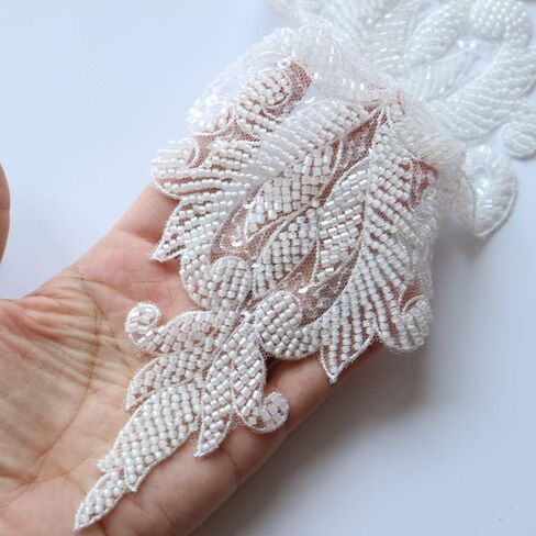 G-RUI DIY Luxury Beaded Embroidery lace Appliques for Wedding Dresses Rhinestone lace Applique Patches Embroidery lace parches ropa (11 * 31cm) (Raw White) in Kuwait