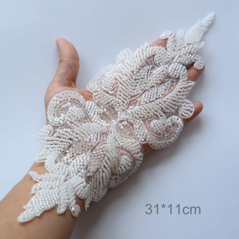 G-RUI DIY Luxury Beaded Embroidery lace Appliques for Wedding Dresses Rhinestone lace Applique Patches Embroidery lace parches ropa (11 * 31cm) (Raw White) in Kuwait