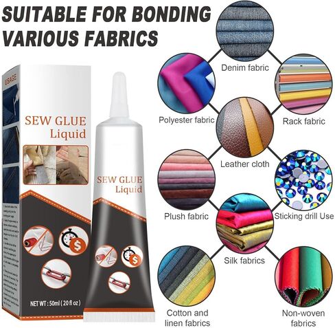 قطعتان من غراء النسيج، غراء خياطة متعدد الأقمشة سريع الجفاف، غراء قماش للملابس والإصلاح - سائل لاصق متعدد الأقمشة شفاف ودائم وقابل للغسل للجينز، وسراويل الطباعة، والفانيلا القطنية والجلود (2 × 50 جم) in Kuwait