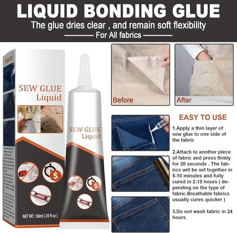 قطعتان من غراء النسيج، غراء خياطة متعدد الأقمشة سريع الجفاف، غراء قماش للملابس والإصلاح - سائل لاصق متعدد الأقمشة شفاف ودائم وقابل للغسل للجينز، وسراويل الطباعة، والفانيلا القطنية والجلود (2 × 50 جم) in Kuwait