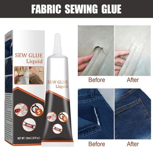 قطعتان من غراء النسيج، غراء خياطة متعدد الأقمشة سريع الجفاف، غراء قماش للملابس والإصلاح - سائل لاصق متعدد الأقمشة شفاف ودائم وقابل للغسل للجينز، وسراويل الطباعة، والفانيلا القطنية والجلود (2 × 50 جم) in Kuwait