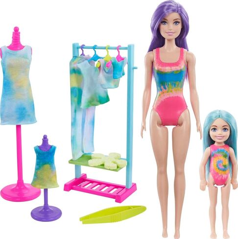 Barbie Color Reveal Toy Gift Set, Tie-Dye Fashion Maker with Barbie & Chelsea Dolls & Accesssories, 50 Surprises Including Pets in Saudi Arabia