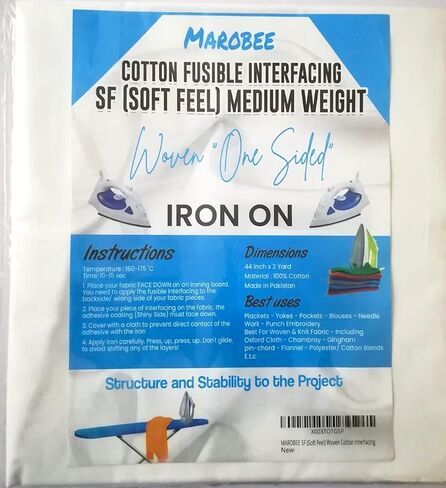 MAROBEE Woven Cotton Iron On Fusible Interfacing for Sewing Projects - 44 Inch x 2 Yards - Soft Feel (SF) Medium Weight Interfacing for Plackets Yokes Blouses & Embroidery in Kuwait