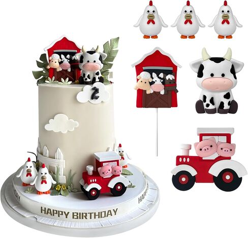 6 PCS Farm Cake Toppers, Cartoon Animal Cake Topper Decorations for Birthday Party Baby Shower Decor (Red) in Kuwait