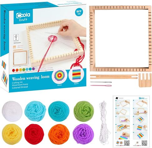 كولا مجموعة نول حياكة خشبية متعددة الحرف للمبتدئين بما في ذلك مجموعة الحرف اليدوية، اطار نول خشبي، خيط ملون وتعليمات الفنون والحرف اليدوية (23 × 23 سم) in Kuwait